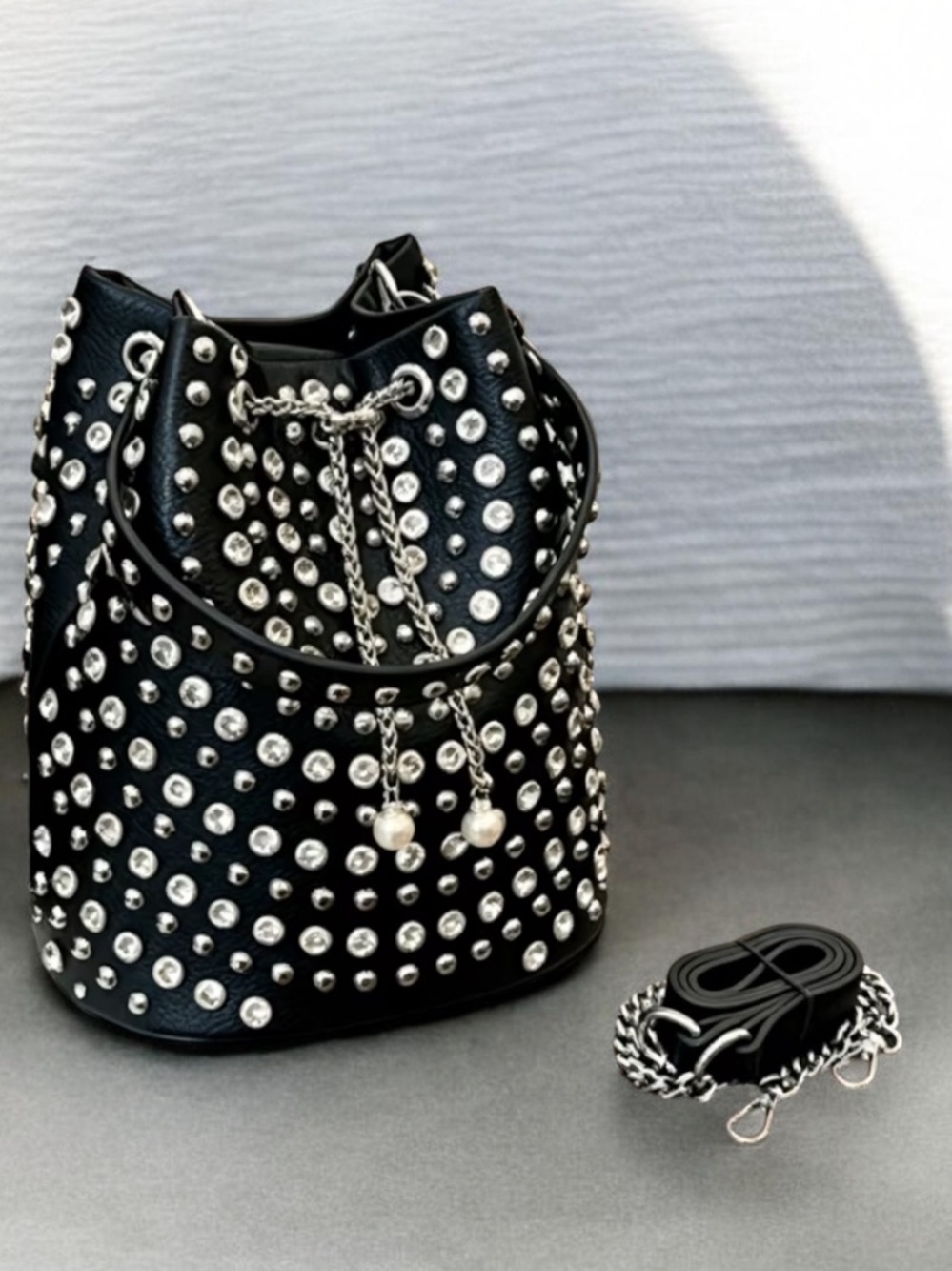 BLING! Black Silver Studded & Rhinestone Drawstring Bucket Bag